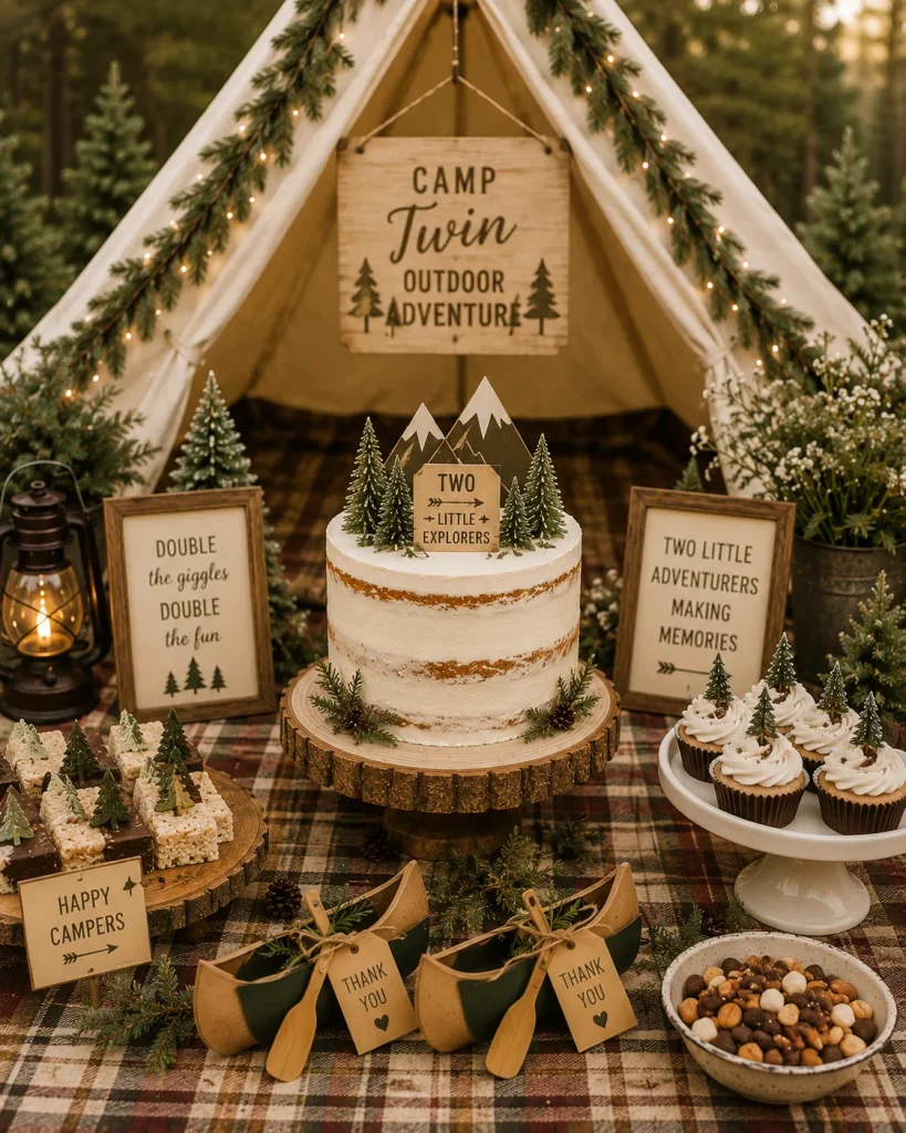 Canvas tent backdrop and picnic blanket for an outdoor twin baby shower