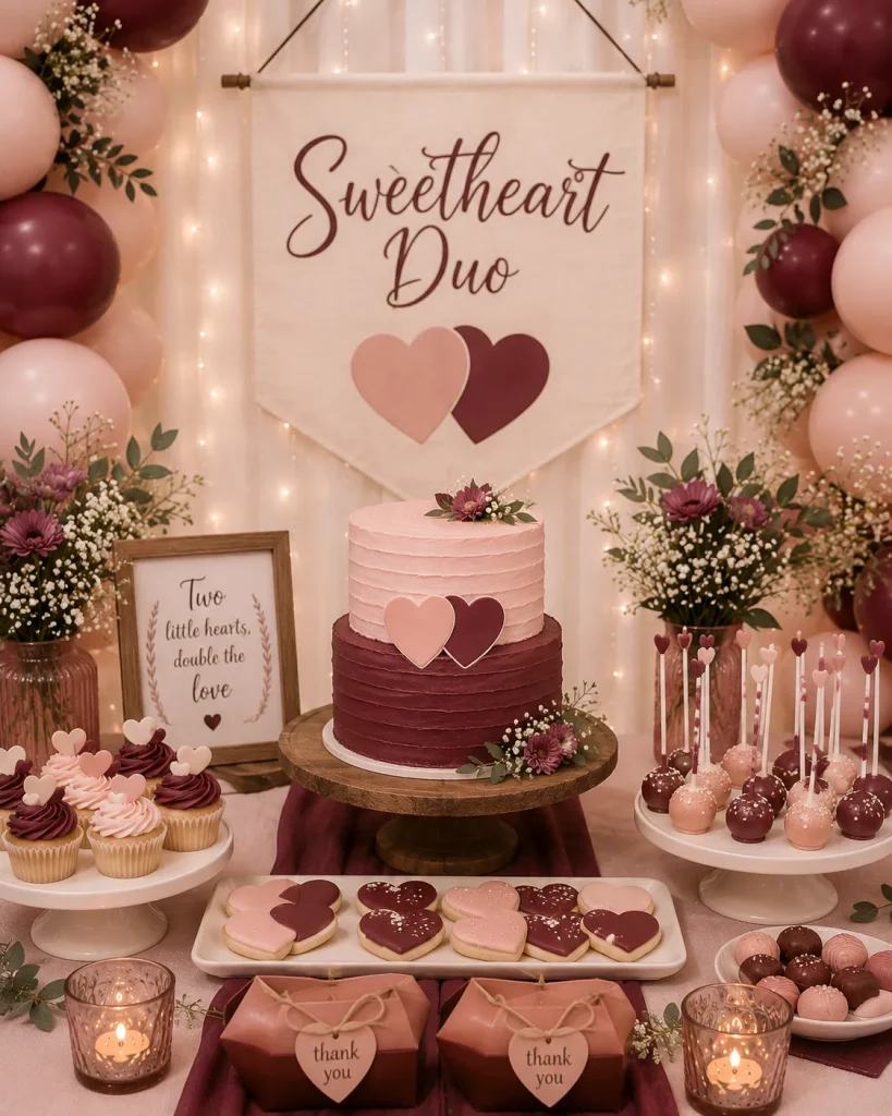 Blush and burgundy heart themed table for a twin baby shower