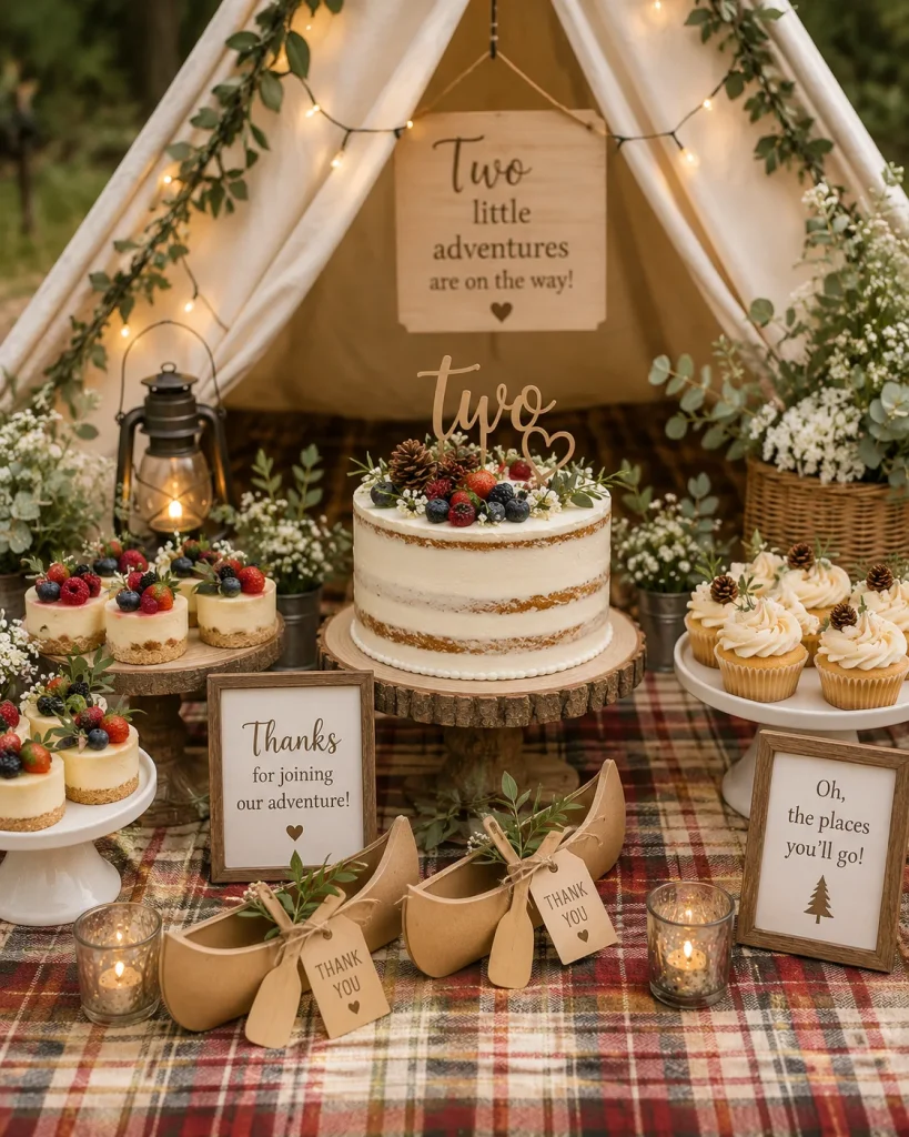 Berry topped mini cakes and greenery for a twin baby shower