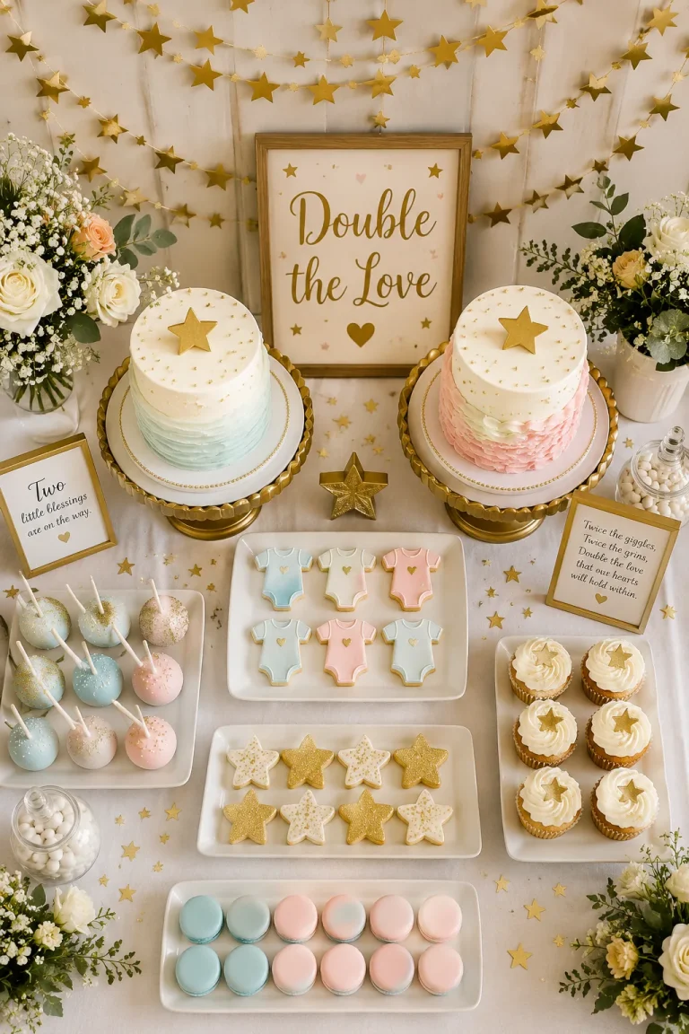 Overhead shot of a twin baby shower dessert table with two coordinating cake stands, gold star garland backdrop, and a "Double the Love" sign. Bright, warm