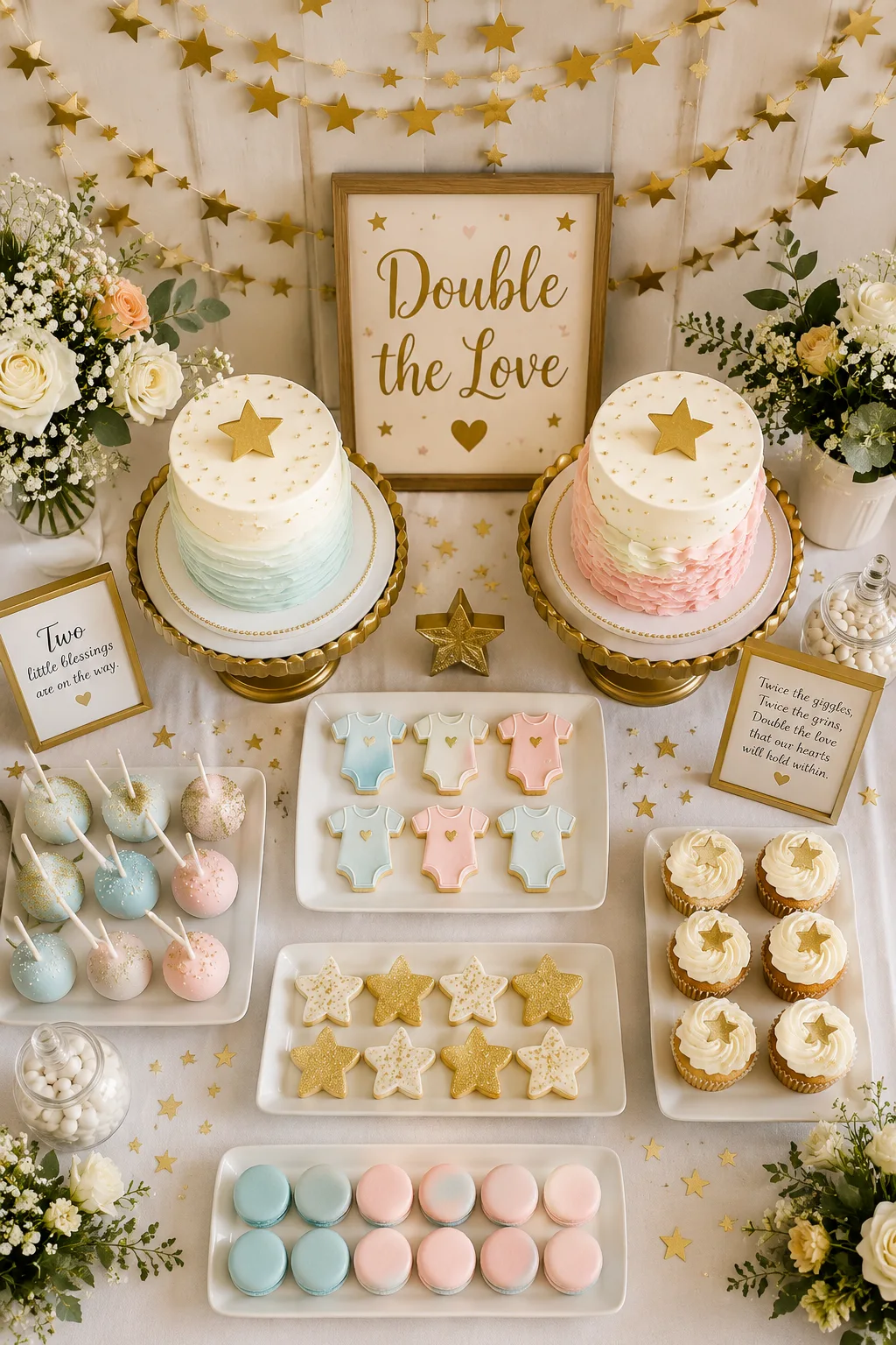 Overhead shot of a twin baby shower dessert table with two coordinating cake stands, gold star garland backdrop, and a "Double the Love" sign. Bright, warm