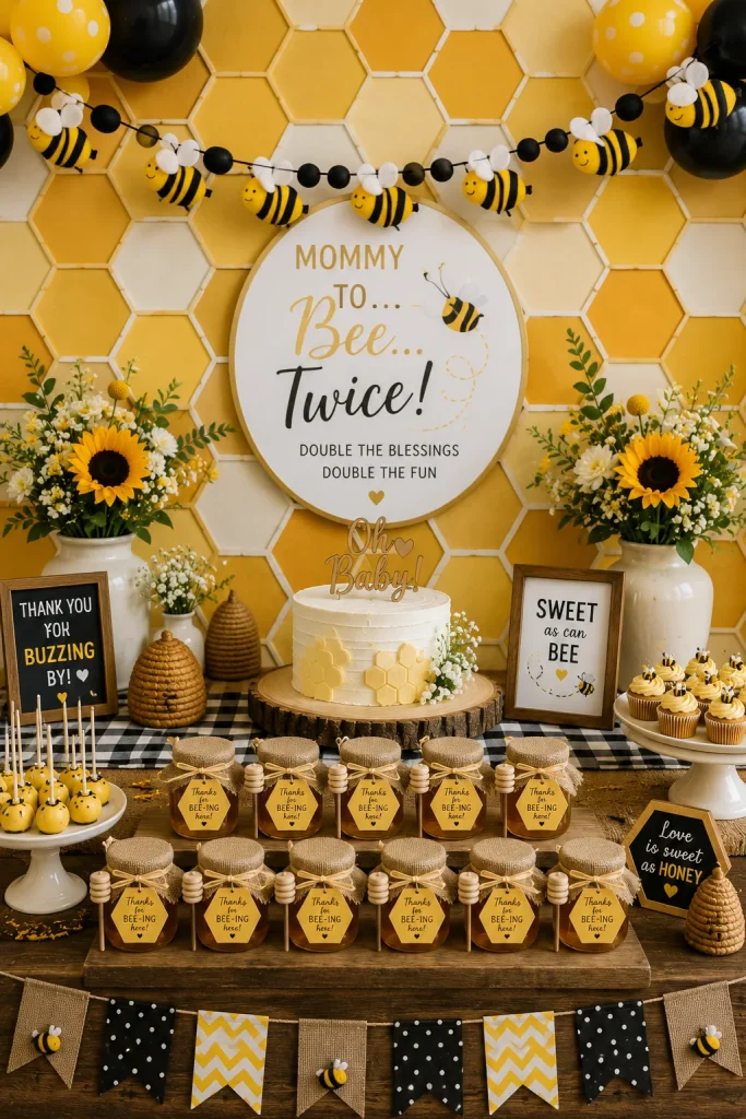 Honeycomb backdrop and bee garland for a twin baby shower