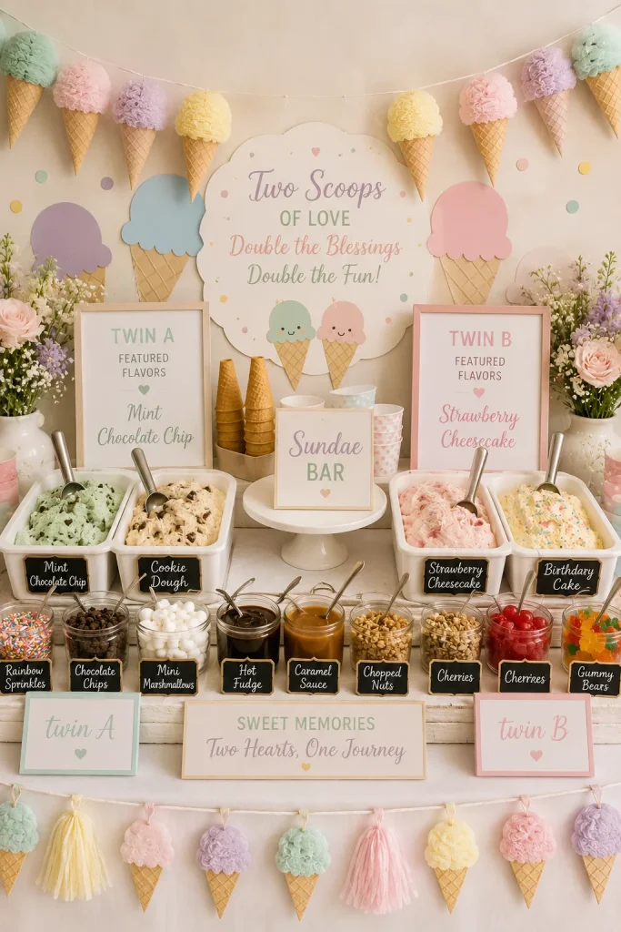 Ice cream themed dessert table and sundae bar for a twin baby shower