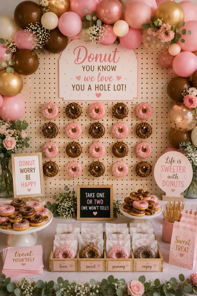 Donut wall with balloon garland for a twin baby shower