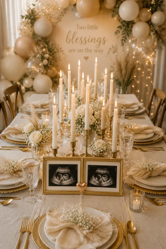 Ivory taper candles and framed ultrasound photos on an elegant twin baby shower table