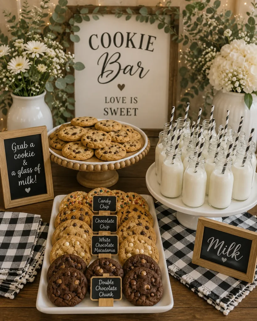 Mini milk bottles and cookie bar for a twin baby shower
