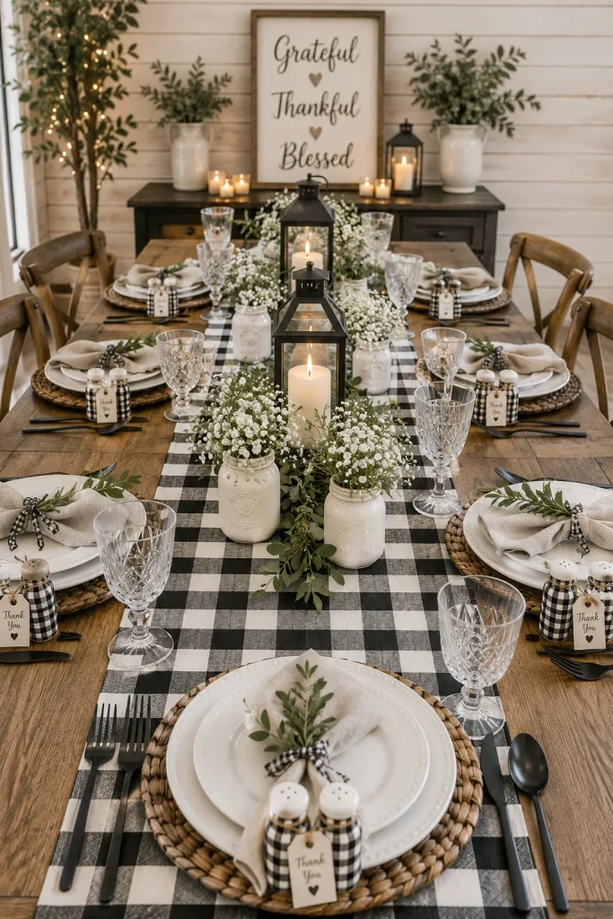 Black and white gingham table setting for a twin baby shower