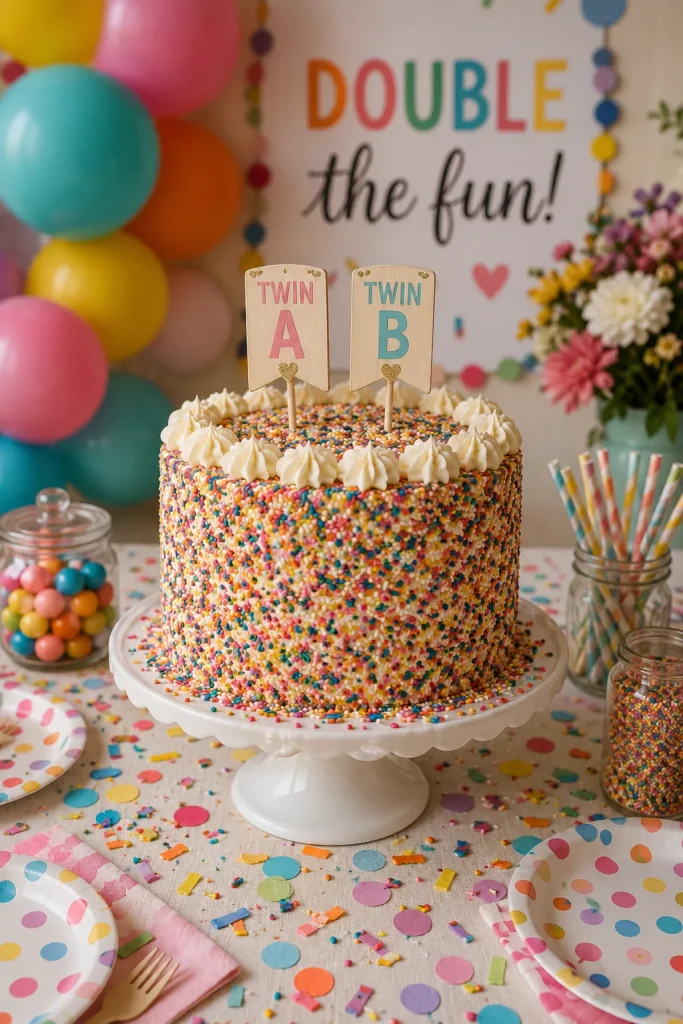 Rainbow sprinkle cake and confetti table for a twin baby shower