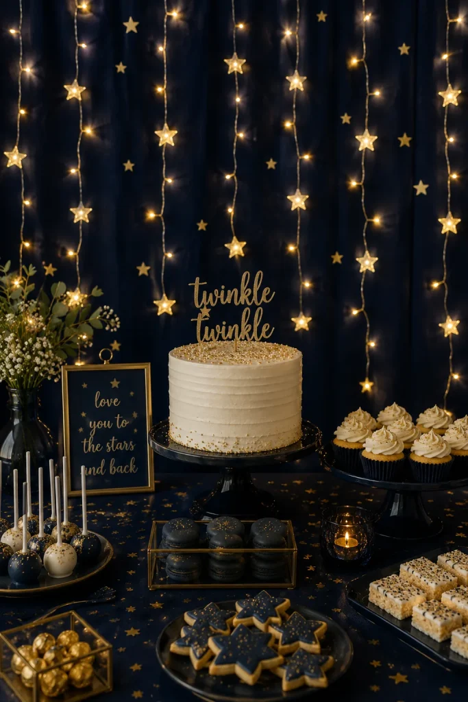 Navy backdrop with gold star string lights for an evening twin baby shower