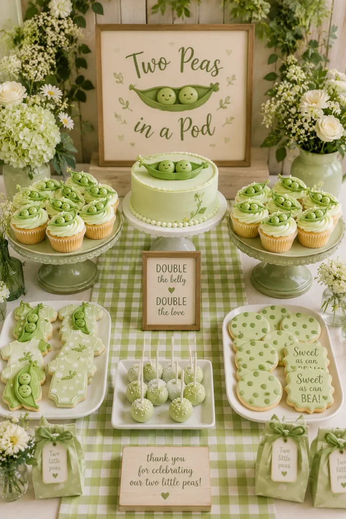 Green pea pod themed twin baby shower dessert table with cupcake toppers and garden florals