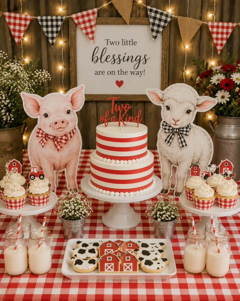Farm animal cutouts and gingham table for a twin baby shower