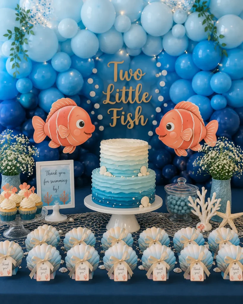 Blue ombre balloon backdrop with fish cutouts for a twin baby shower
