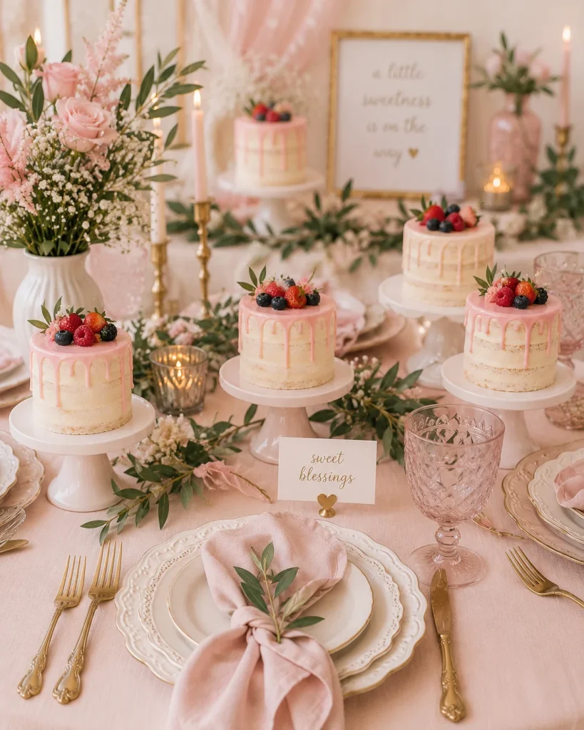 Pastel carousel horse cake toppers and striped tent linens for a twin baby shower