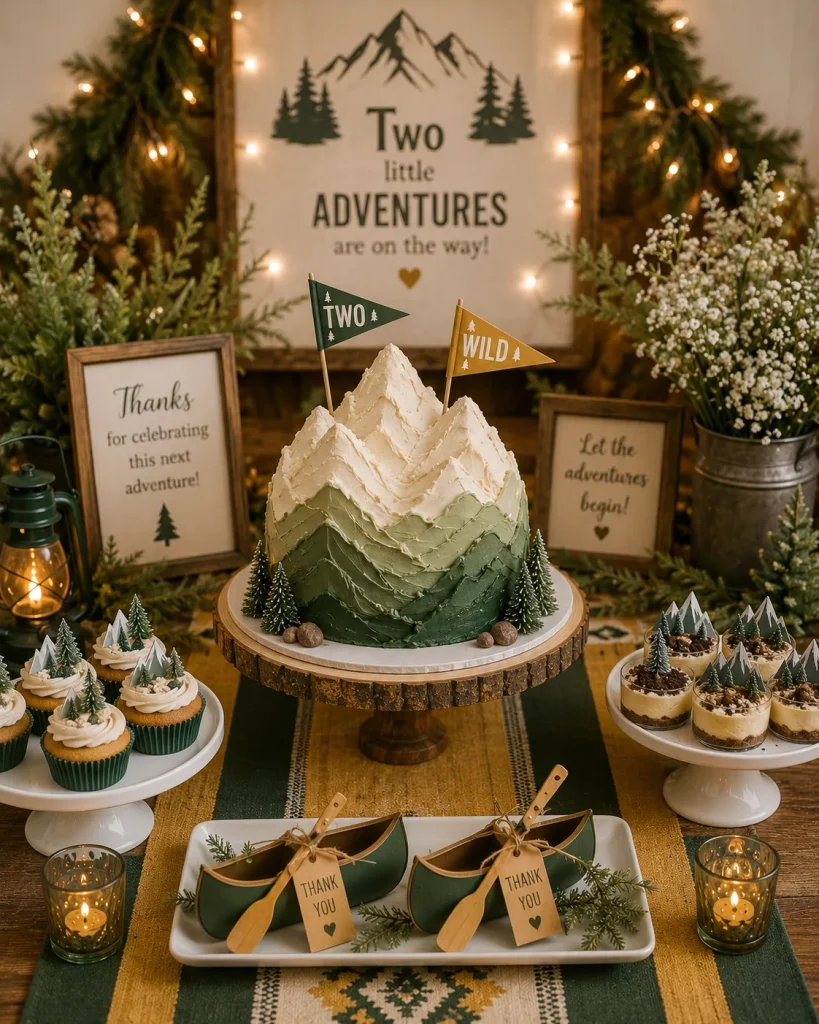 Mountain shaped cake with pennant flags for a twin baby shower