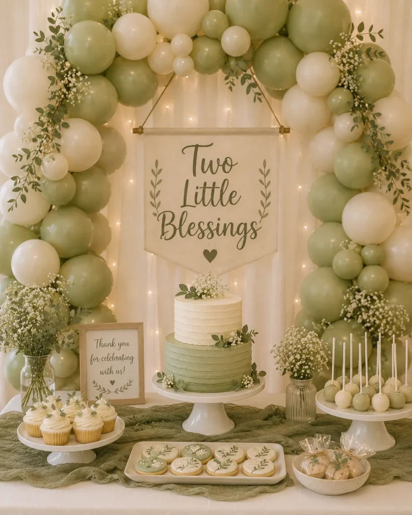 Sage and cream balloon arch with banner for a budget twin baby shower