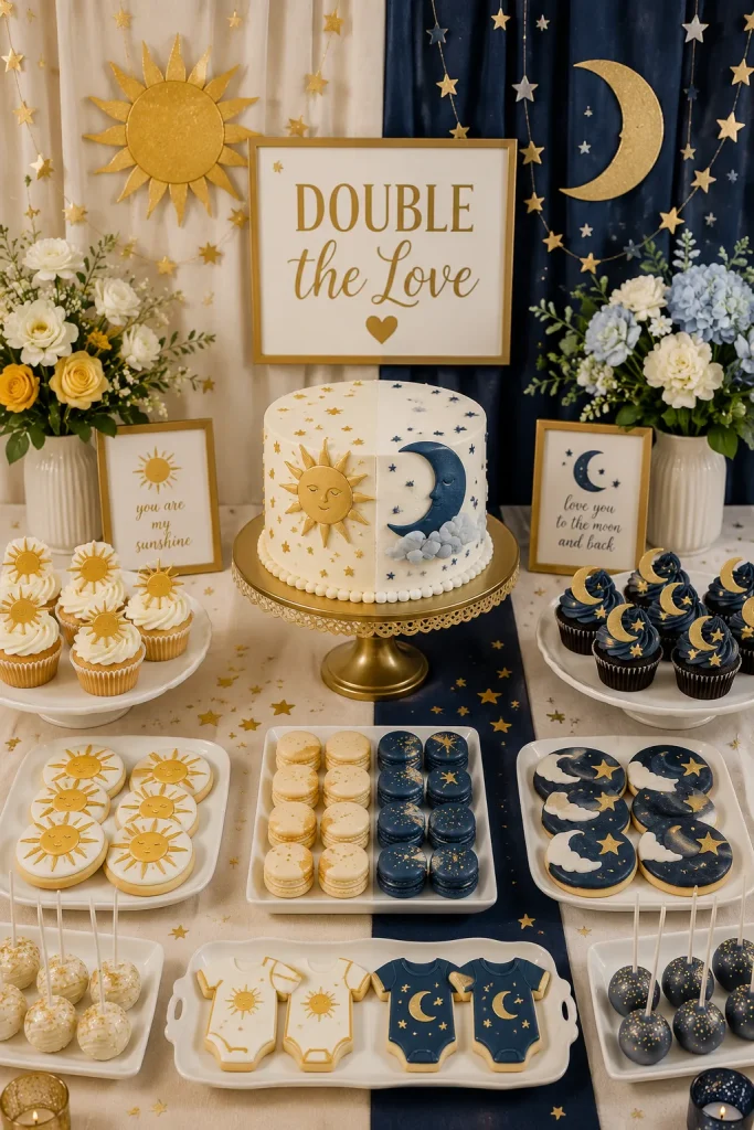 Sun and moon themed twin baby shower dessert table with gold and navy accents