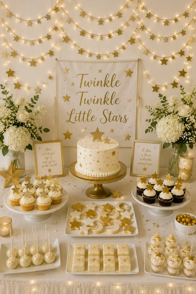 Gold star garland draped above a twin baby shower dessert table