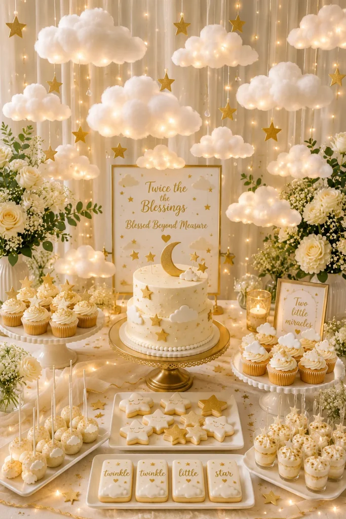 Floating cloud decorations hung above a cream and gold twin baby shower table