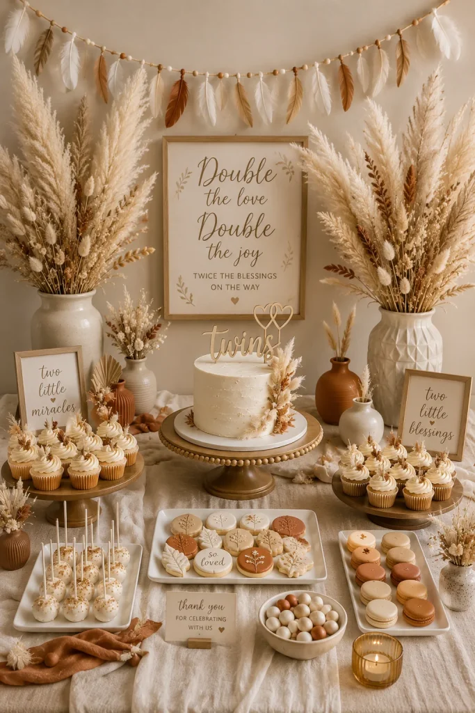 Boho twin baby shower table with pampas grass in ceramic vases and feather garland