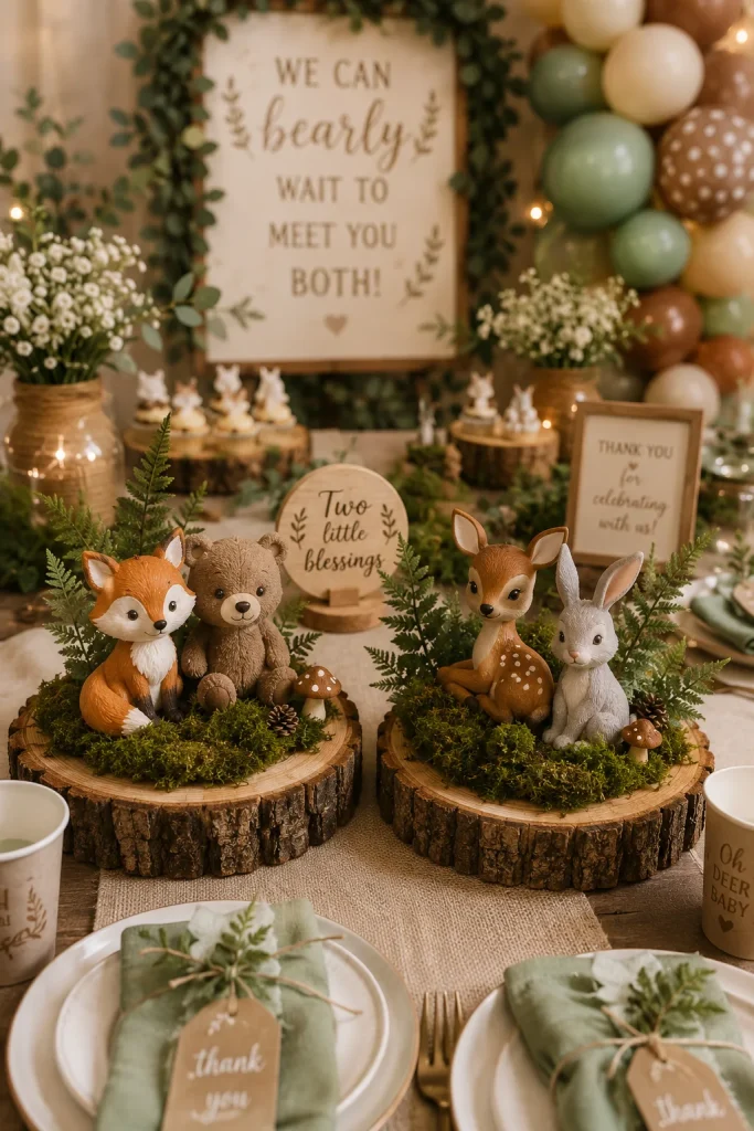 Wood slice centerpieces with woodland animal figurines for a twin baby shower