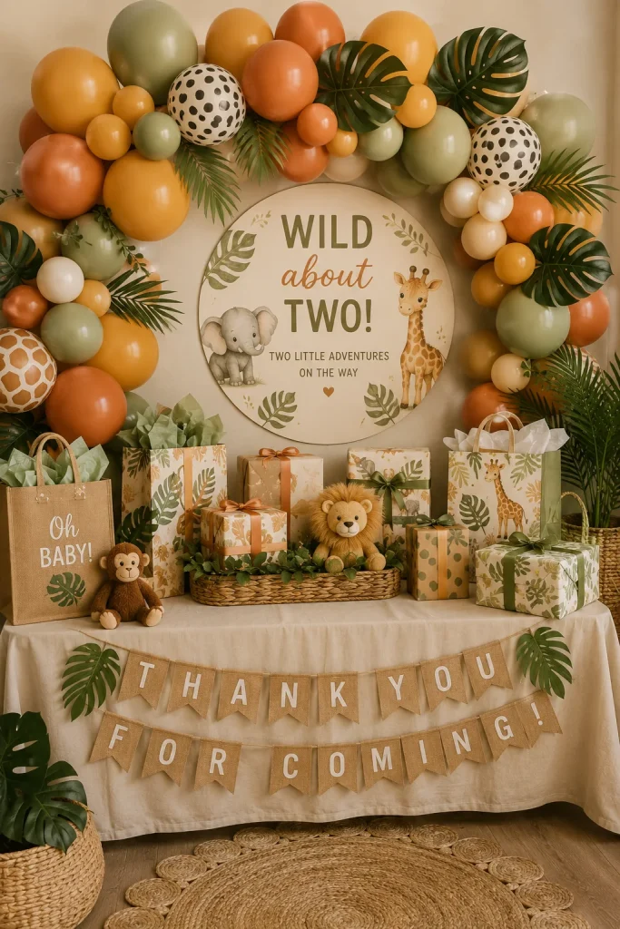 Safari themed balloon garland arching over a twin baby shower gift table