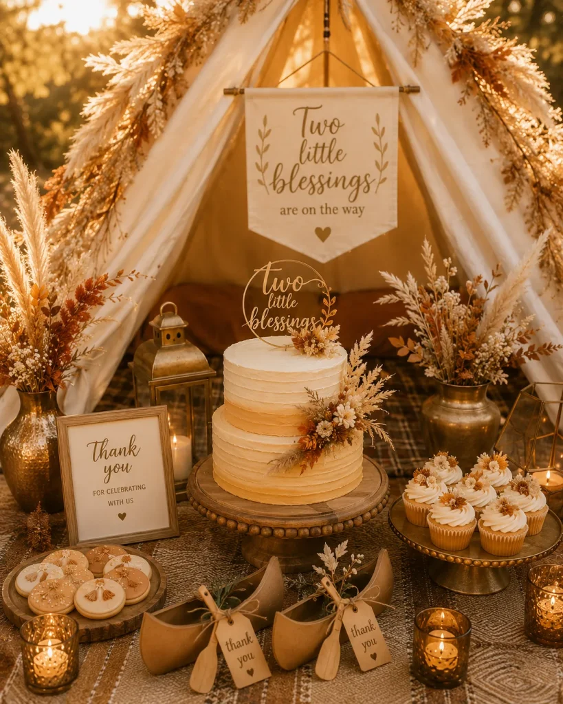 Warm amber and brass toned table setting for a gender neutral twin baby shower