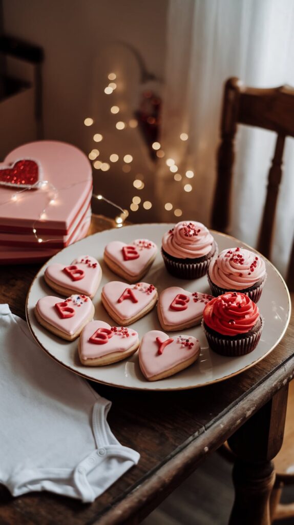 Heart-decorated cookies spelling BABY photographed next to a onesie and ultrasound photo
