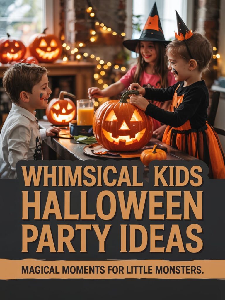 Kids carving pumpkins at a whimsical Halloween party with glowing jack-o’-lanterns and twinkling string lights.