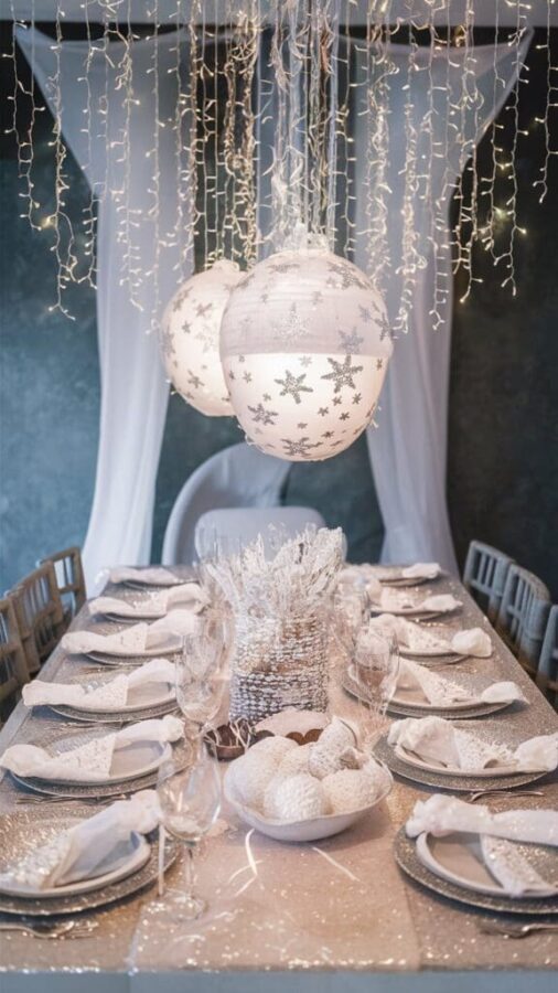Winter Wonderland baby shower table with snowflake details and silver accents