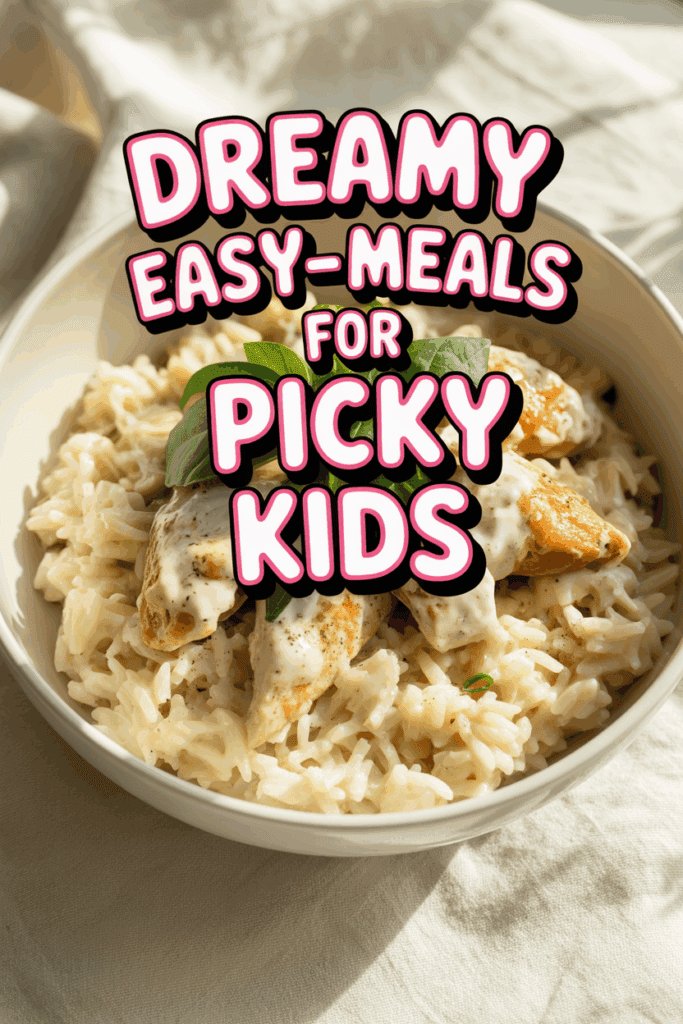 A creamy chicken and rice dish in a white bowl, photographed in soft natural light with fresh basil on top. Large playful text overlay reads ‘Dreamy Easy-Meals for Picky Kids.’