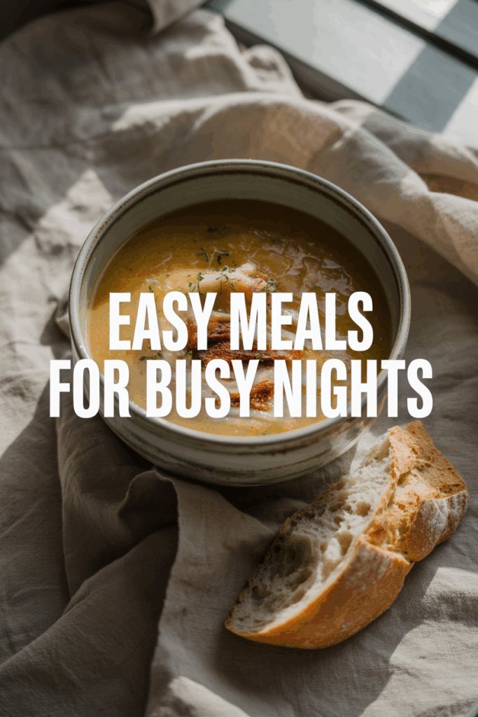 A warm bowl of creamy golden soup sitting on a soft linen cloth near a window, topped with herbs and crispy garnish, with a slice of crusty bread beside it and bold white text overlay reading “Easy Meals for Busy Nights.”