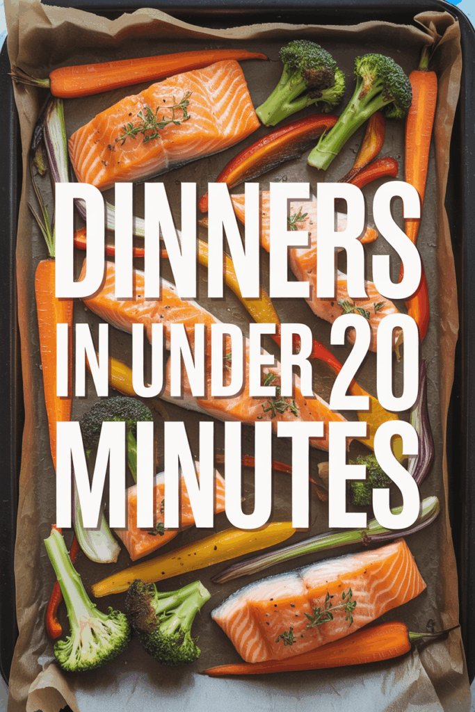 A colorful sheet pan filled with fresh salmon fillets, carrots, broccoli, and onions on parchment paper, styled in bright natural light with bold white text overlay reading “Dinners in Under 20 Minutes.”