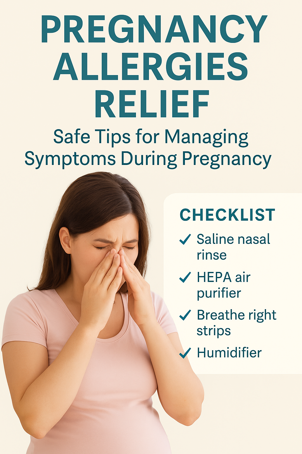 Pinterest graphic titled 'Pregnancy Allergies Relief' featuring a pregnant woman sneezing and a checklist with safe symptom management tips including saline nasal rinse, HEPA air purifier, and humidifier.
