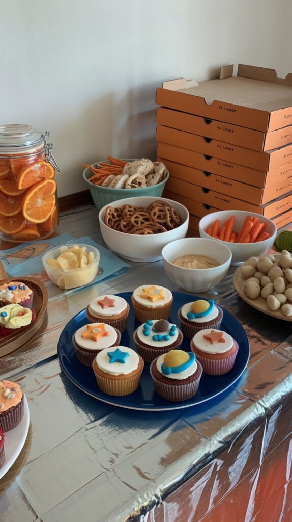 Space-themed birthday party with rocket decorations and toddlers in paper astronaut helmets.