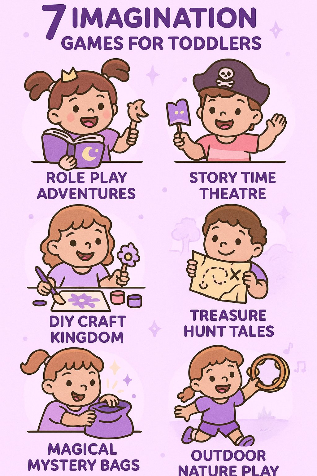 Infographic illustrating 7 fun and creative imagination games for toddlers, including role play, story theatre, craft activities, treasure hunts, and outdoor pretend play, designed to spark creativity and engagement in young children.