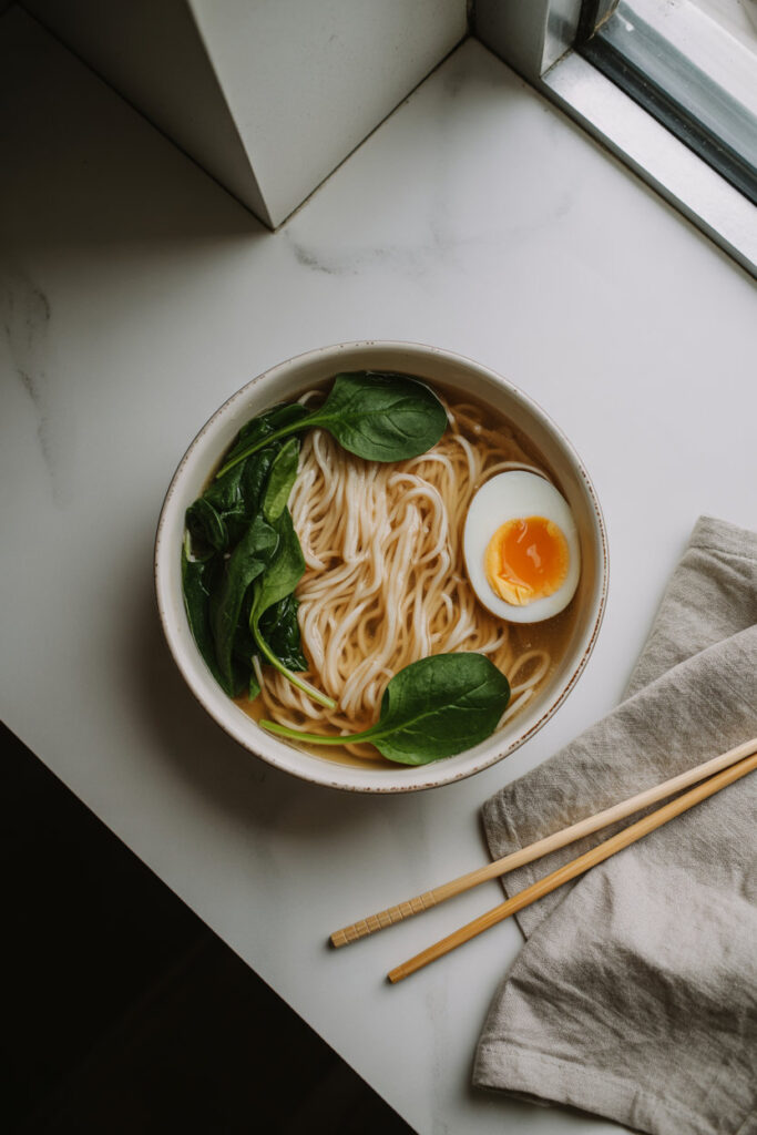 Brothy Noodles with Spinach & Soft Egg
