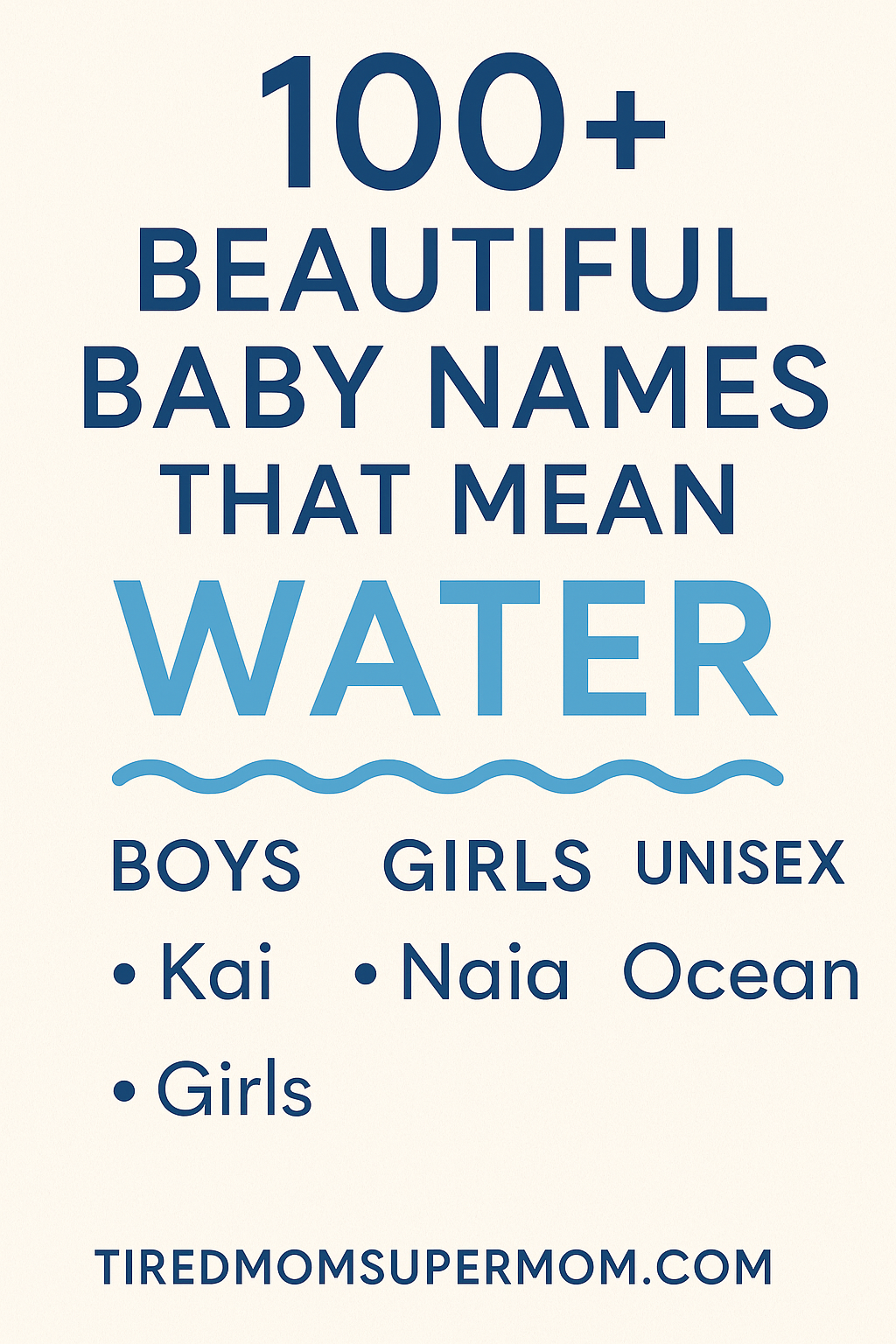 A vertical Pinterest-style graphic titled "100+ Beautiful Baby Names That Mean Water," designed with a soft beige background and bold navy and sky-blue typography. The word "WATER" stands out in large letters with a wavy blue underline. Below, categories for Boys, Girls, and Unisex names are shown with sample names like Kai, Naia, and Ocean. The website name "tiredmomsupermom.com" appears at the bottom.