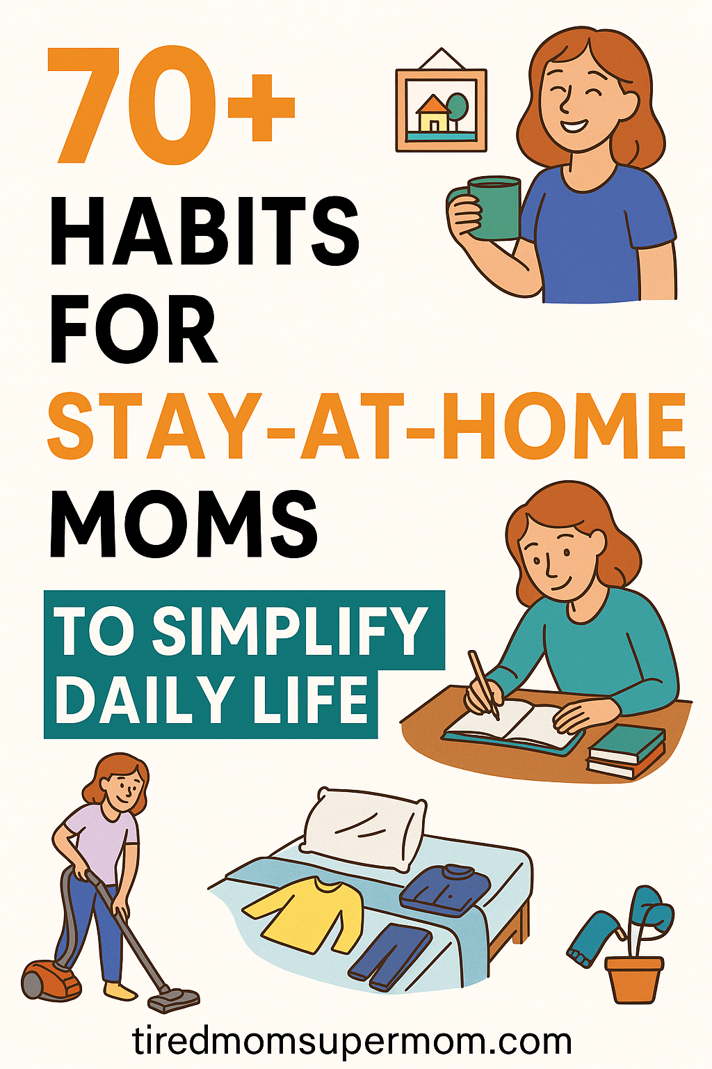 Pinterest graphic featuring the title “70+ Habits for Stay-at-Home Moms to Simplify Daily Life” with cartoon-style illustrations of a stay-at-home mom engaging in daily habits like drinking coffee, writing, vacuuming, and organizing clothes — designed to highlight practical habits for stay-at-home moms.