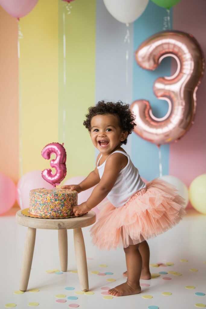 Toddlers dancing in a living room decorated with streamers and balloons.