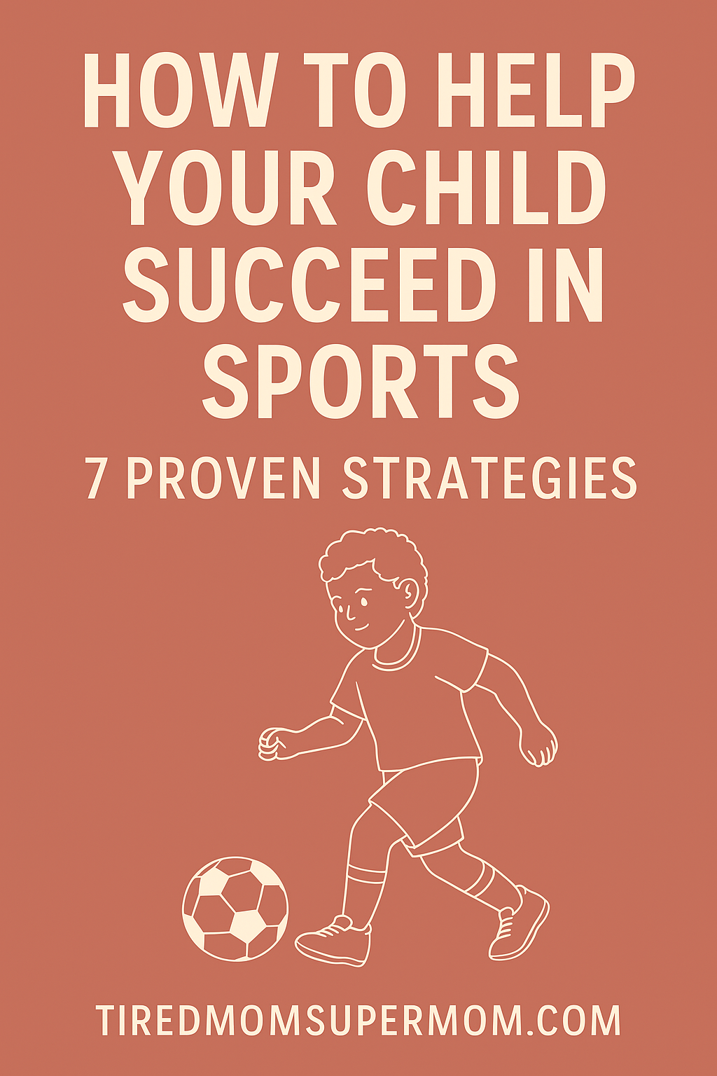 A Pinterest pin graphic featuring the headline "How to Help Your Child Succeed in Sports – 7 Proven Strategies" on a terracotta background, with a simple white illustration of a young child playing soccer and the URL tiredmomsupermom.com at the bottom.