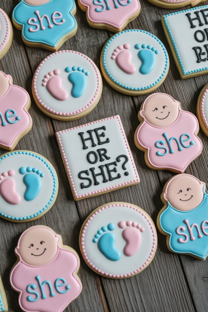 “Holiday sugar cookies decorated as stars and Christmas trees arranged on a wooden board, with one cookie cracked open to reveal bright pink icing inside, surrounded by evergreen sprigs and winter greenery.”