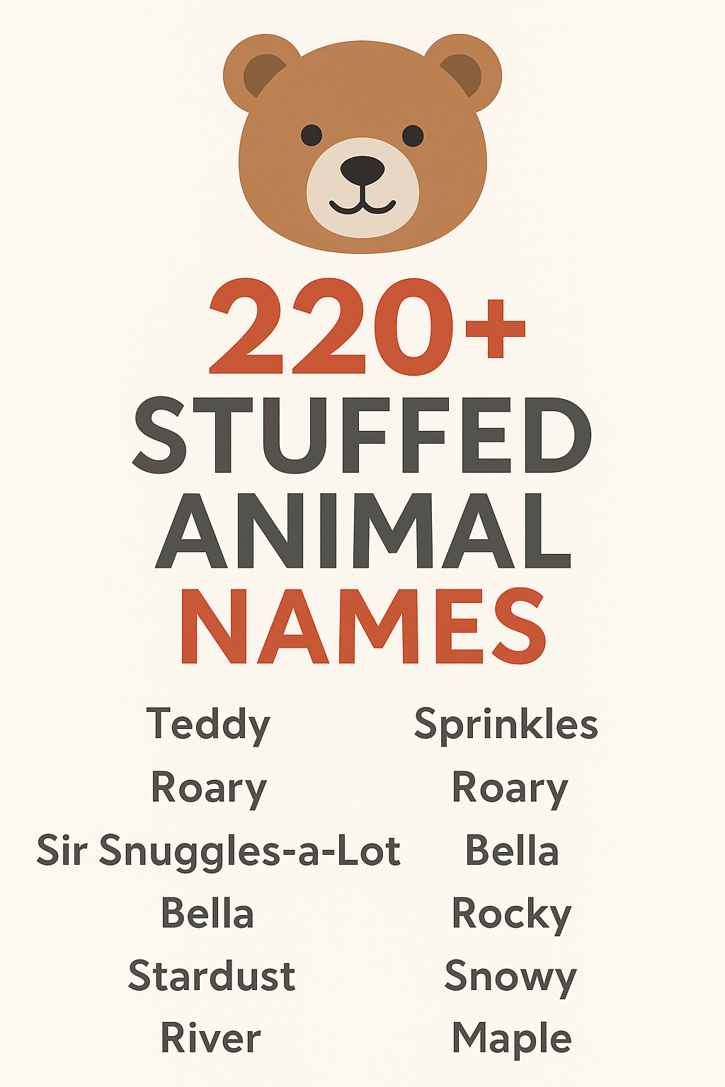 A vertical Pinterest-style graphic featuring a smiling cartoon teddy bear above the bold headline "220+ Stuffed Animal Names" in red-orange and charcoal gray text. Below the title, two columns of example names—such as Teddy, Roary, Sir Snuggles-a-Lot, Bella, Stardust, and Maple—are displayed on a soft cream background, creating a warm and playful look perfect for parents searching for the best stuffed animal names for kids.
