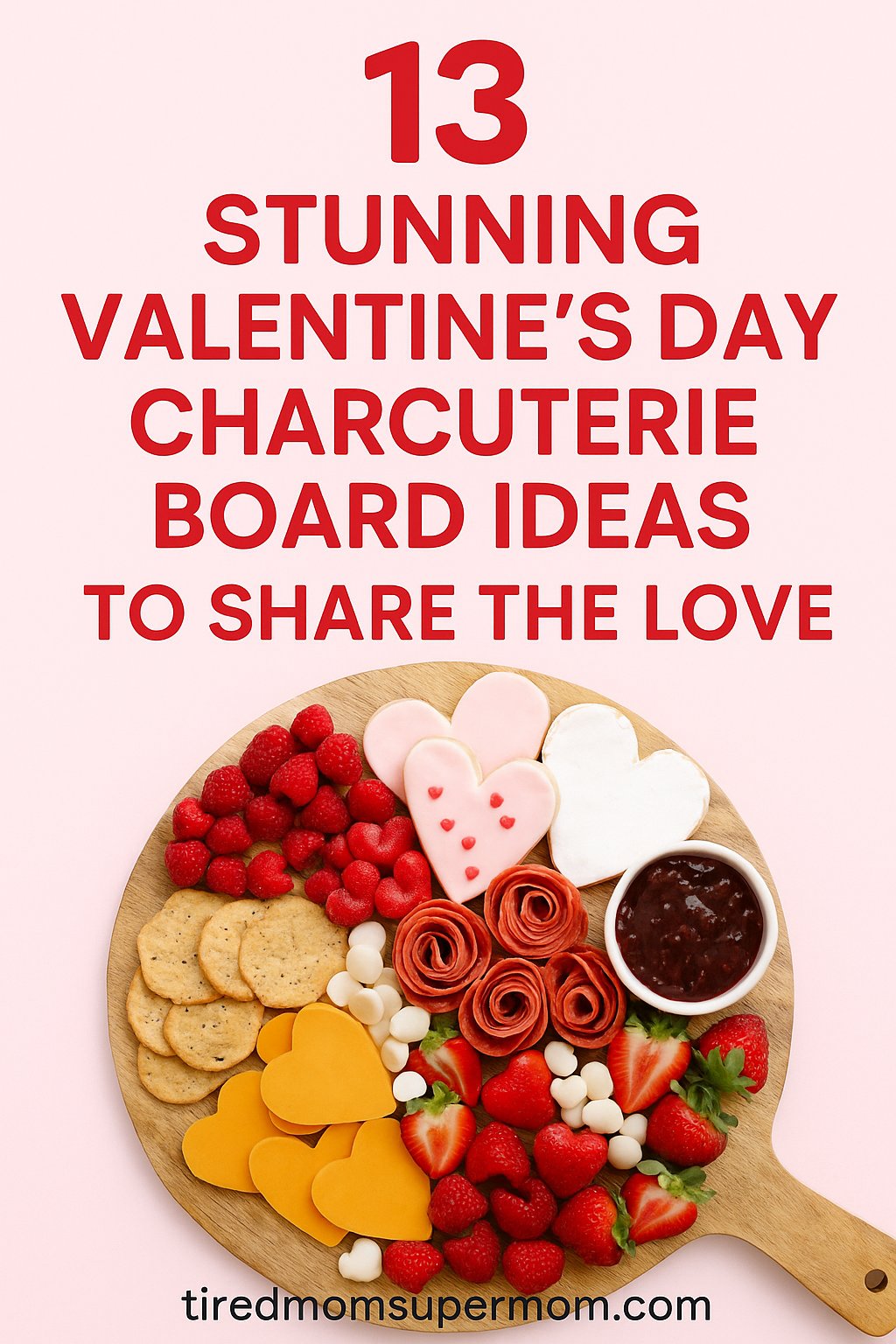 A Pinterest promotional graphic displays "13 Stunning Valentine’s Day Charcuterie Board Ideas to Share the Love" in bold red text on a soft pink background. Below, a heart-themed charcuterie board features red raspberries, heart-shaped cheddar slices, salami roses, mini mozzarella balls, strawberries, and a small bowl of jam on a wooden board.