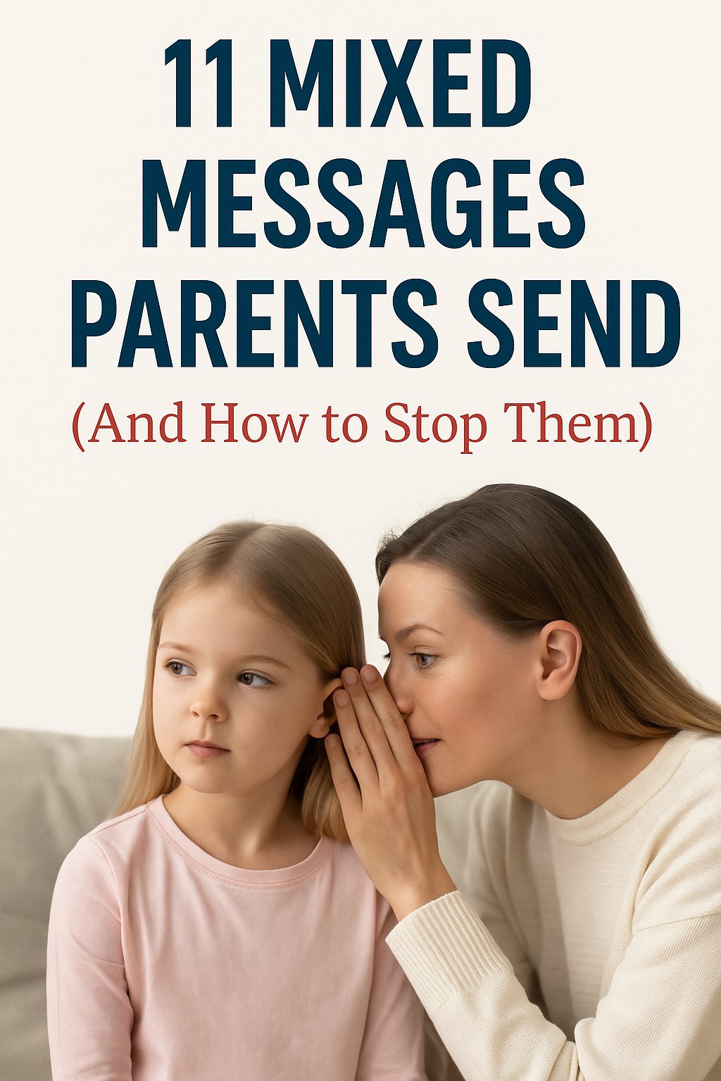 Pinterest Pin image with headline "11 Mixed Messages Parents Send (And How to Stop Them)" showing a mother whispering to her daughter, illustrating the concept of confusing parental communication.