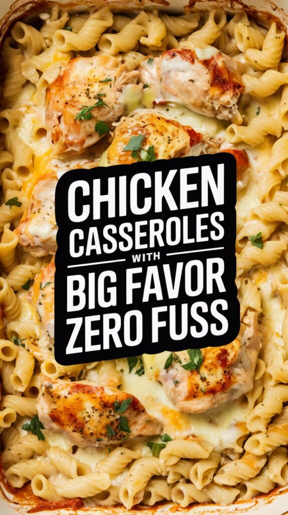 Close-up of a creamy baked chicken casserole with rotini pasta, melted cheese, and golden roasted chicken pieces, garnished with fresh herbs