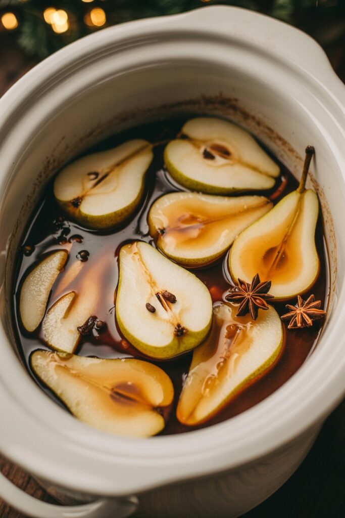 Caramel pear compote cooking in a slow cooker with sliced pears and warm holiday spices visible.