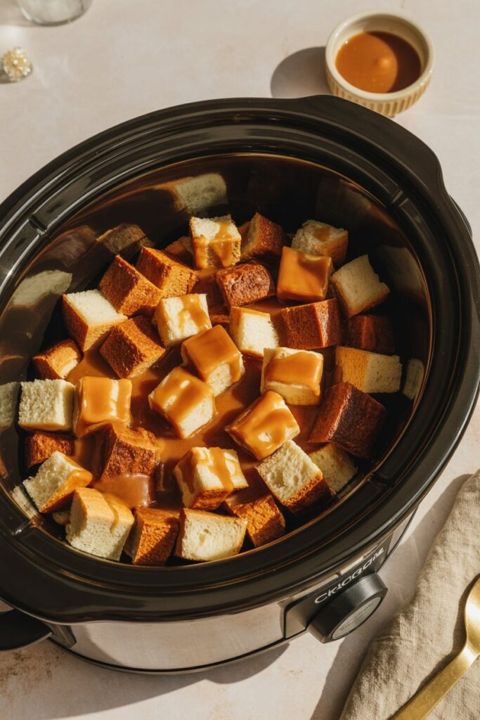 Crockpot caramel bread pudding with golden bread cubes and glossy caramel drizzled on top, styled with warm lighting.