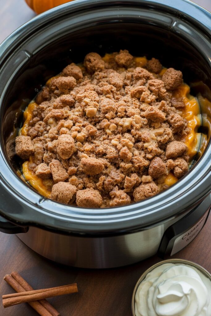 Crockpot pumpkin spice dump cake with golden crumb topping and warm pumpkin filling, styled with fall accents.
