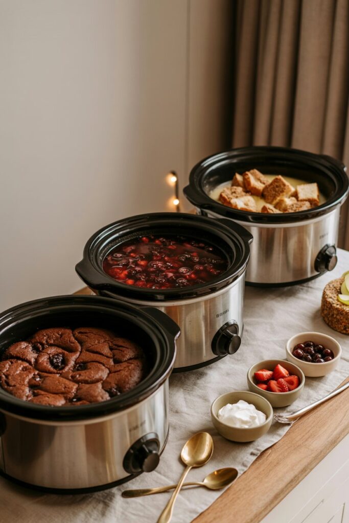 Dessert bar display with three slow cookers filled with different desserts and toppings arranged on a linen runner.