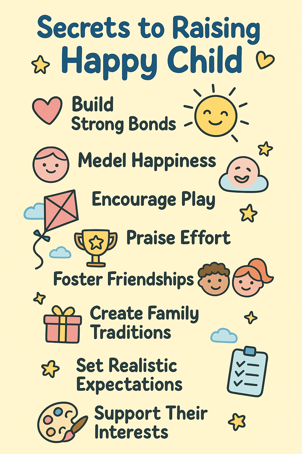 Infographic highlighting 9 expert secrets on how to raise a happy child and encourage lifelong joy.